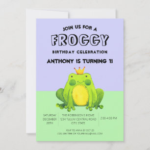 Colorfun Green and Purple Abstract Modern Frog Invitation