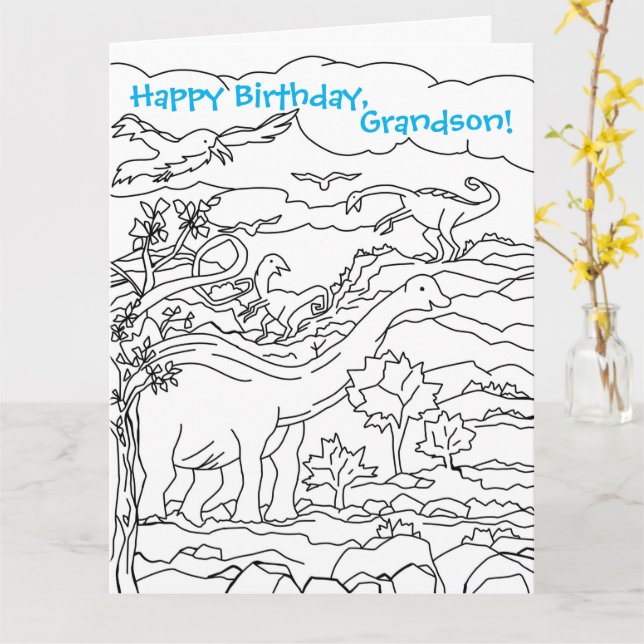 Coloring Book Dinosaurs Happy Birthday Grandson Card (Yellow Flower)