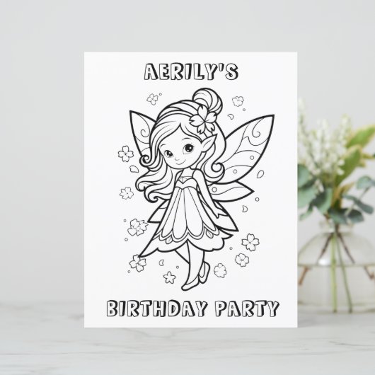 Coloring book fairy birthday party activity page (Standing Front)