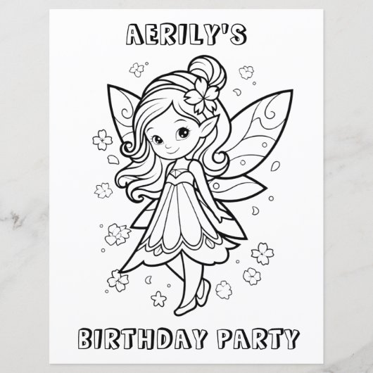 Coloring book fairy birthday party activity page  (Front)