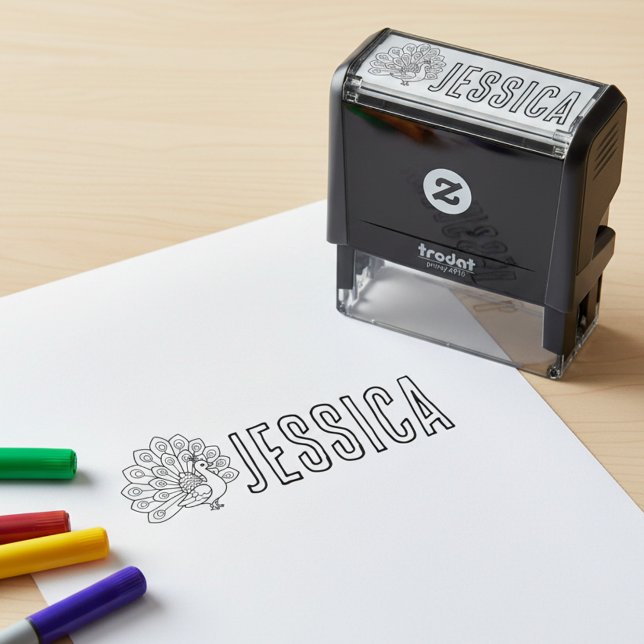 Coloring Book Peacock and Name Stamp (Coloring book style peacock and name stamp.)