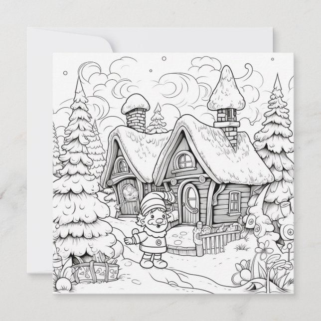 Coloring Christmas Card Kids Elf Village Snow  (Front)