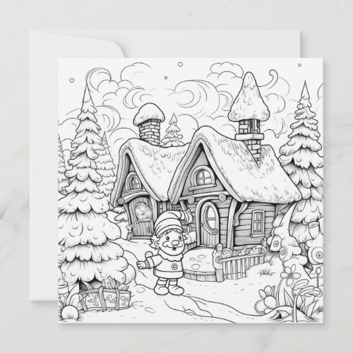 Coloring Christmas Card Kids Elf Village Snow 