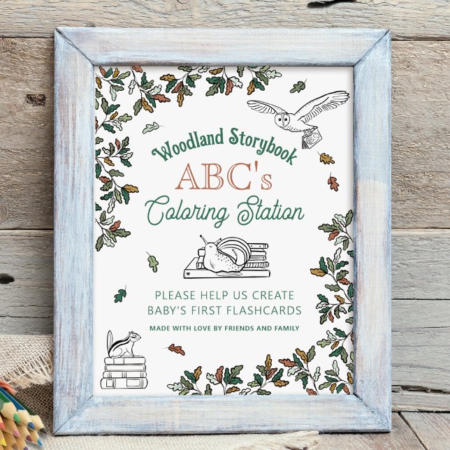 Coloring Flashcards Activity Baby Shower Sign (Woodland Storybook ABCs Coloring Station - Baby Shower Activity. All letters available in collection)