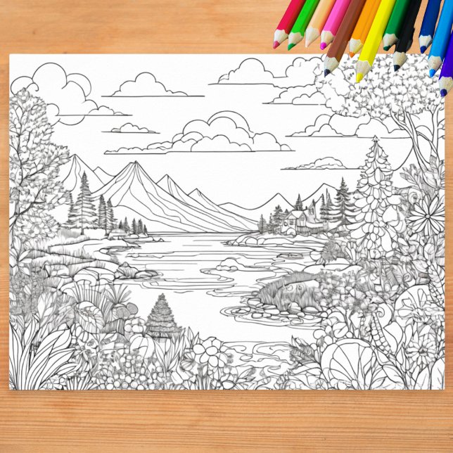 Coloring Landscape Lake Mountains Scenery Color In Poster (A poster to color with detailed landscape including a lake, mountains, trees and plants)
