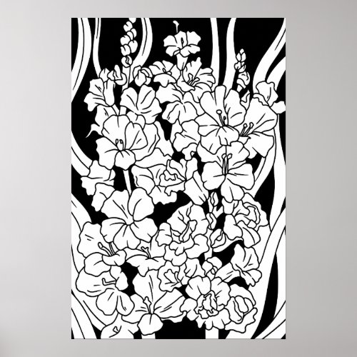 Coloring Page Beautiful Flowers on Black Poster