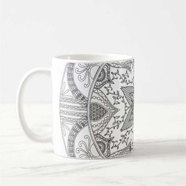Coloring Page Black and White Mandala Coffee Mug (Left)