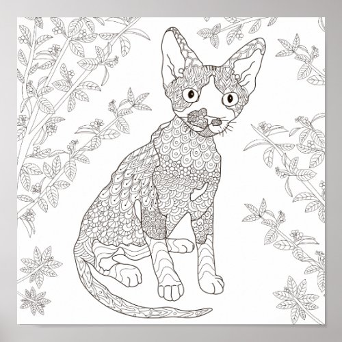 Coloring Page Cat in Garden Poster