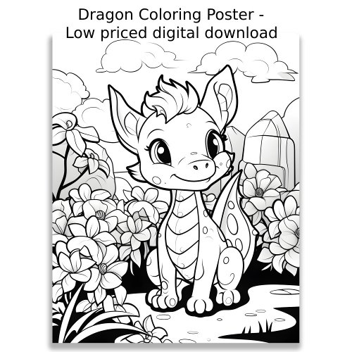 Coloring Page _ Cute Dragon Color Your Own  Poster