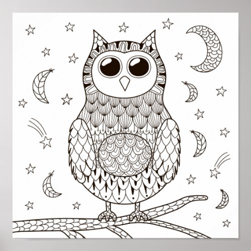 Coloring Page Owl Under the Moon Poster
