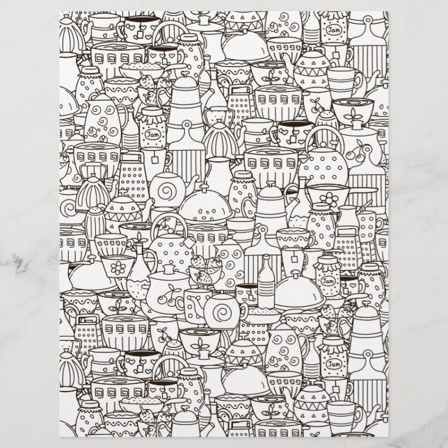 Coloring Page Teapots Coffee Cups Scrapbook Paper (Front)