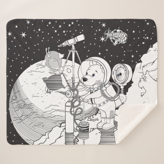 Coloring space with an astronaut puppy sherpa blanket (Front (Horizontal))