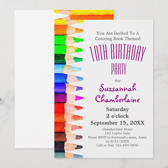Coloring Theme Rainbow Pencils Children's Party Invitation (Front/Back)