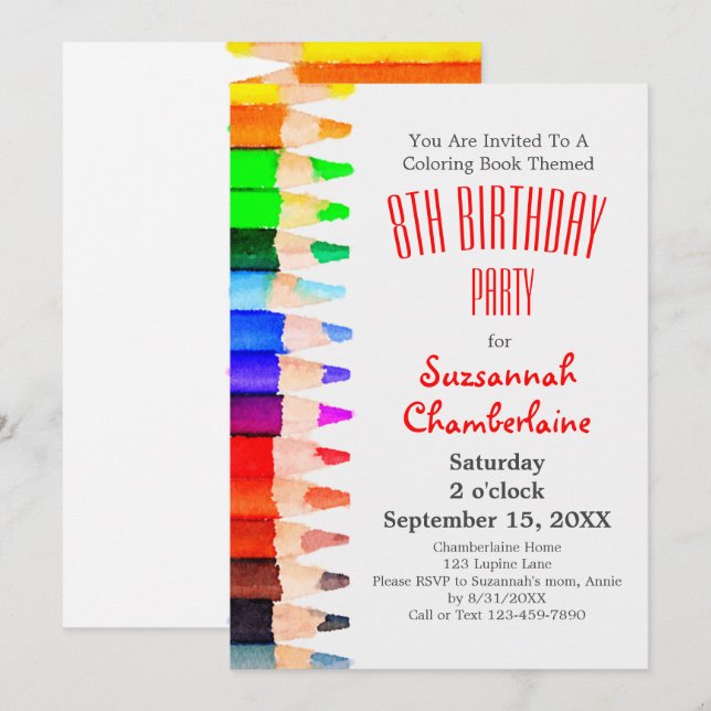 Coloring Theme Rainbow Pencils Kids Birthday Party Invitation (Front/Back)