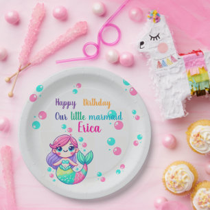 Colorized Mermaid Theme Paper Plates for Birthday