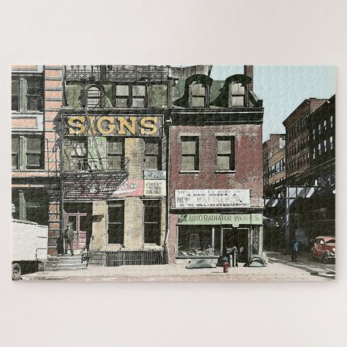 Colorized Vintage 1930s City Street Corner Scene Jigsaw Puzzle
