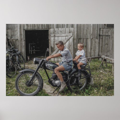 Colorized Vintage 2 Boys on a Motorcycle Poster