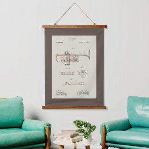 Colorized Vintage Trumpet Patent Illustration Hanging Tapestry