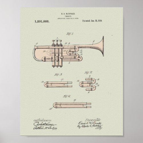 Colorized Vintage Trumpet Patent Illustration  Poster