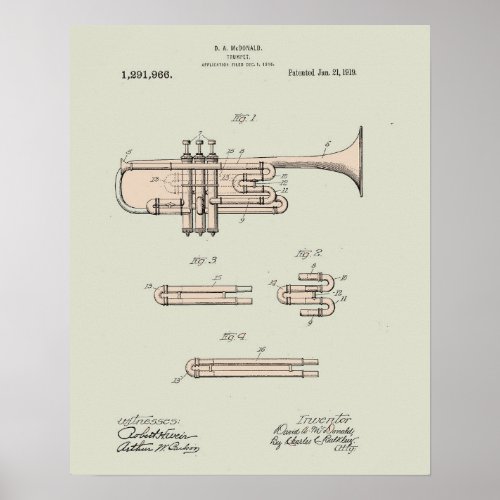 Colorized Vintage Trumpet Patent Illustration   Poster