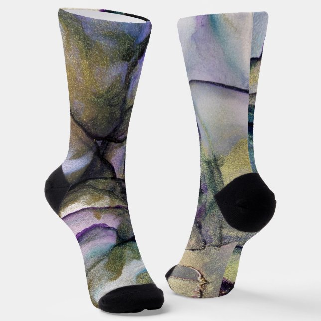 Colors and Gold Alcohol Ink Liquid Abstract Art Socks (Angled)