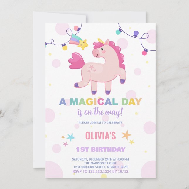 Colors Lights Unicorn Birthday Invitations (Front)