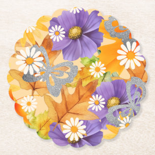 Colors of fall with leaves, daisies and butterfly paper coaster