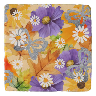 Colors of fall with leaves, daisies and butterfly trivet