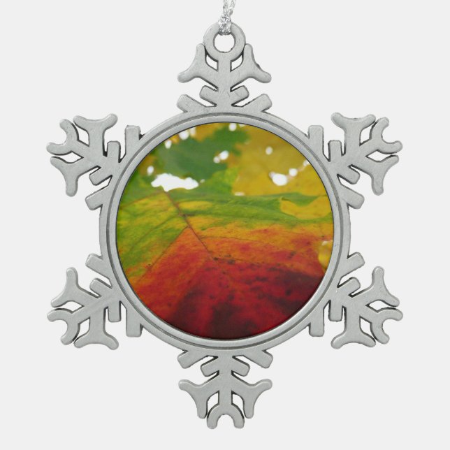 Colors of the Maple Leaf Autumn Nature Photography Snowflake Pewter Christmas Ornament (Front)