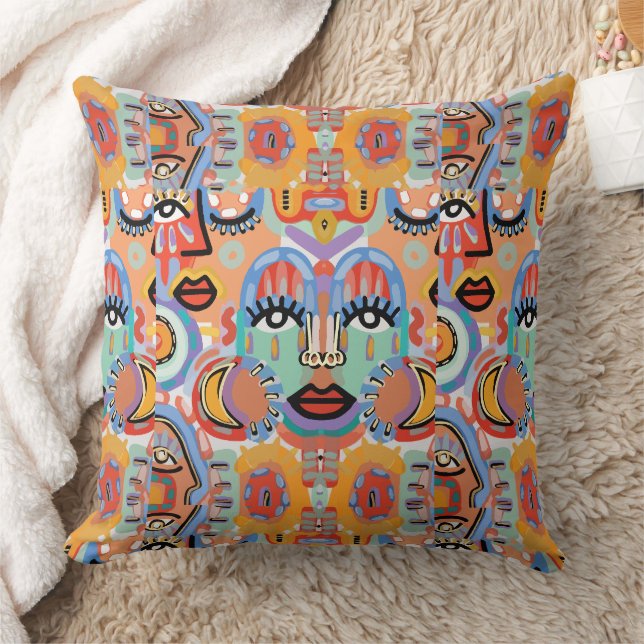 Colors, Patterns, and Overlapping Faces Throw Pillow (Blanket)