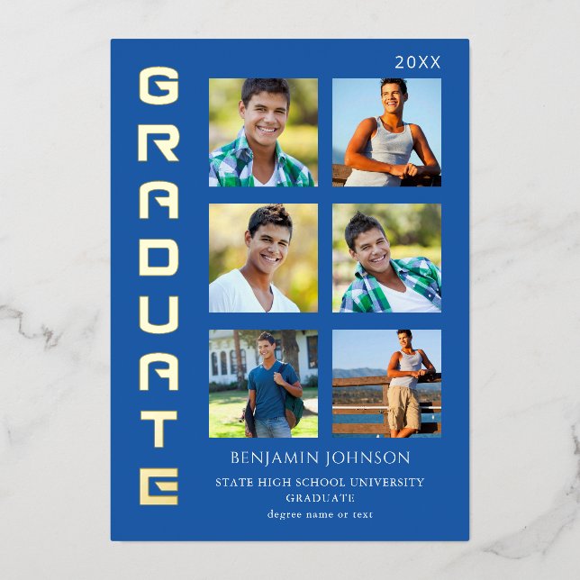 Colors Royal Blue Graduate Multi Photo Mix Foil Invitation (Front)