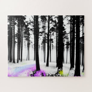 Colors Seep into Black and White Silhouette Forest Jigsaw Puzzle