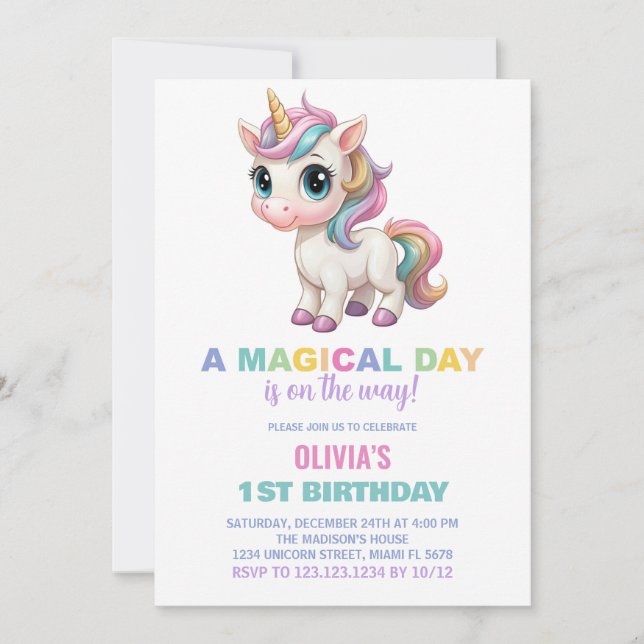 Colors Unicorn Birthday Invitations (Front)