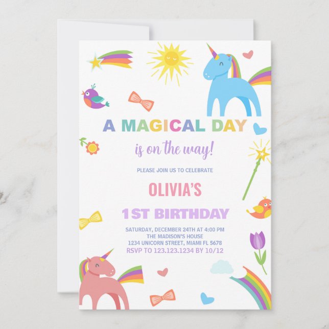 Colors Unicorn Birthday Invitations (Front)