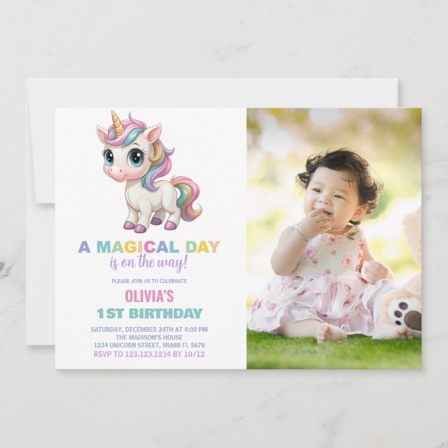 Colors Unicorn Birthday Invitations with photo (Front)