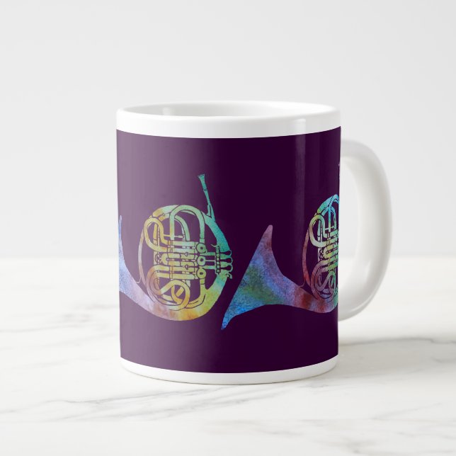 Colorwashed French Horns on Plum Giant Coffee Mug (Front Right)