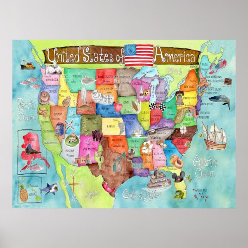 Colossal United States watercolor poster for kids