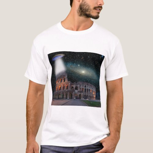 Colosseum Rome Italy Meets Space and UFO T_Shirt