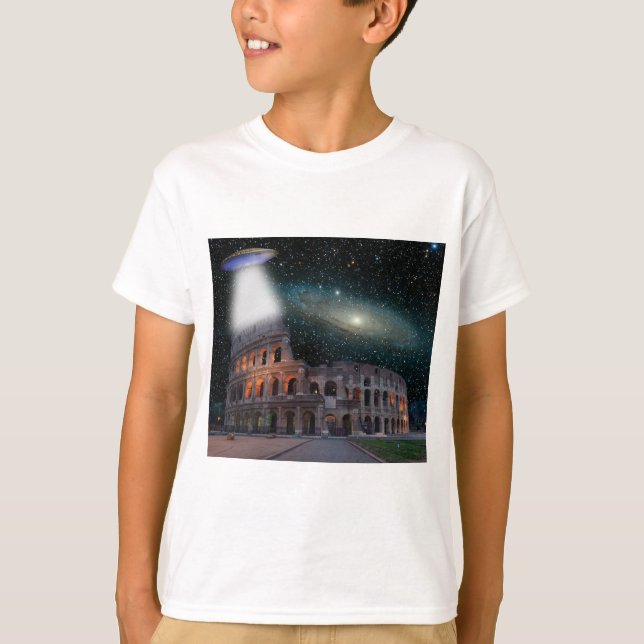 Colosseum Rome Italy Meets Space and UFO T-Shirt (Front)