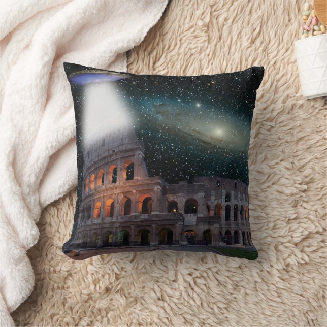 Colosseum Rome Italy Meets Space and UFO Throw Pillow (Blanket)