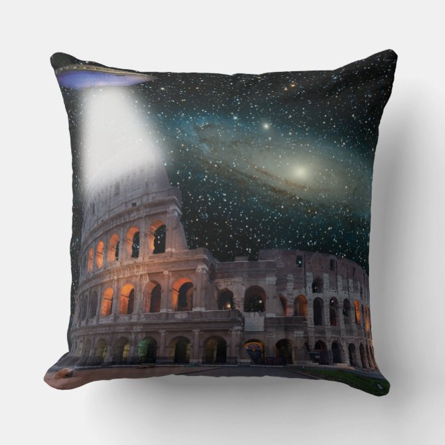 Colosseum Rome Italy Meets Space and UFO Throw Pillow (Front)