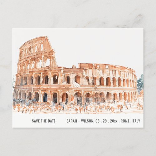 Colosseum Rome Italy Watercolor Save The Date Postcard