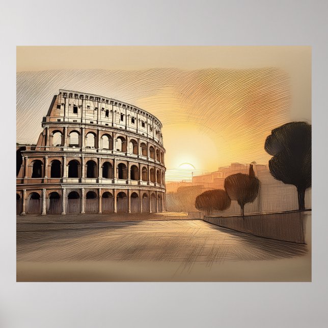 Colosseum structure in rome sketched at sunset poster (Front)