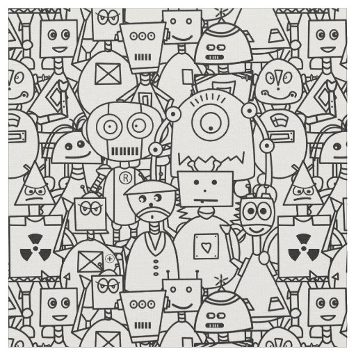 Colour it yourself Cute robots on  white Fabric