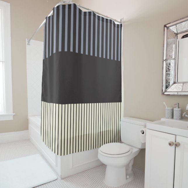 Colour Pop Stripes - Black, Gray and Cream Shower Curtain (In Situ)