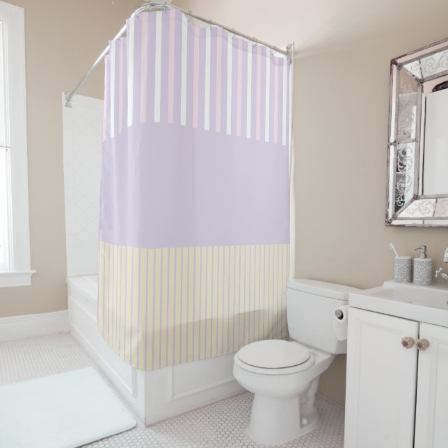 Colour Pop Stripes - Pastel Pink, Yellow & Purple Shower Curtain (In Situ)