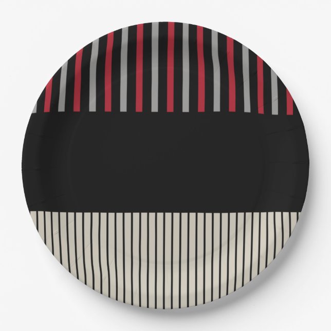 Colour Pop Stripes-Red, Grey, Black and Bone White Paper Plates (Front)