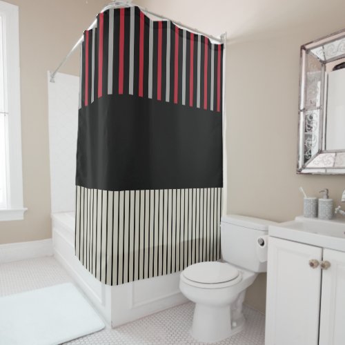 Colour Pop Stripes_Red Grey Black and Bone White Shower Curtain
