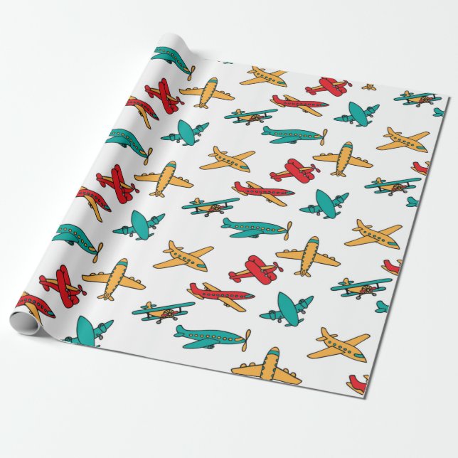 Colourful Airplane Pattern White Background Wrapping Paper (Unrolled)