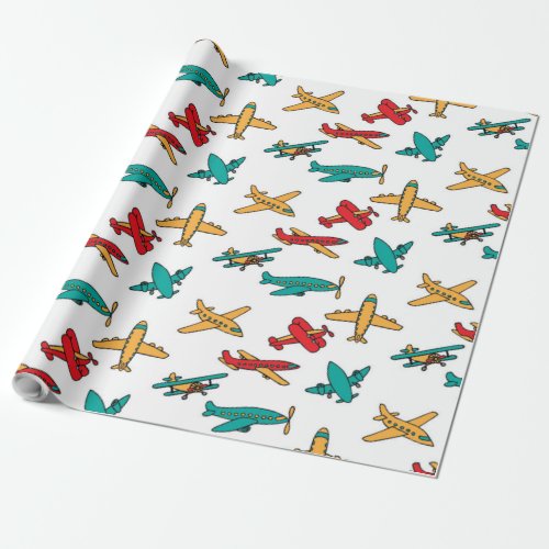 Colourful Airplane Pattern White Background Wrapping Paper